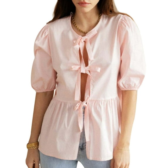 Michellecmm Women Summer Basic T-Shirt Casual Tie Front Short Sleeve Tops