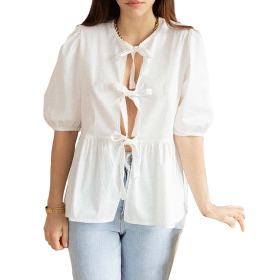 Michellecmm Women Summer Basic T-Shirt Casual Tie Front Short Sleeve Tops