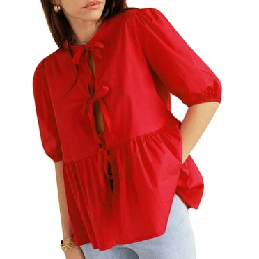 Michellecmm  Women Summer Basic T-Shirt Casual Tie Front Short Sleeve Tops