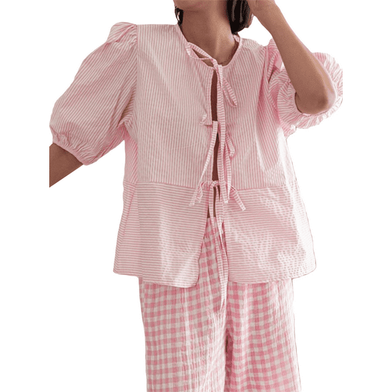 Michellecmm Women Summer Basic T-Shirt Striped Print Tie Front Short Sleeve Tops