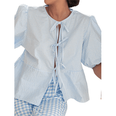 Michellecmm  Women Summer Basic T-Shirt Striped Print Tie Front Short Sleeve Tops