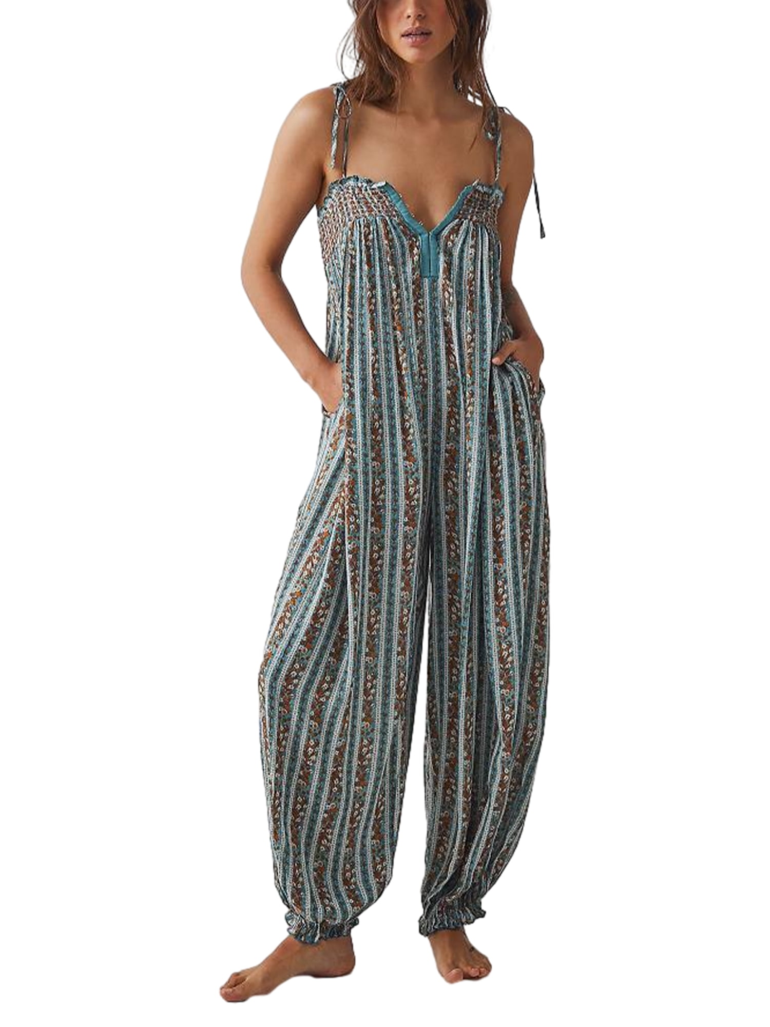Michellecmm Women Summer Cami Jumpsuits Retro Floral Print Tie-Up 