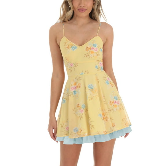 Michellecmm Women Summer Casual A-line Dress Floral Print V-Neck Tie-Up Backless Mini Dress Fashion Ruffles Hem Cami Dress
