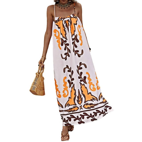 Michellecmm Women Summer Casual Long Dress Print Spaghetti Strap Sleeveless Cami Dress Loose Tie-Up Backless Holiday Dress