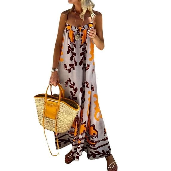 Michellecmm Women Summer Casual Long Dress Print Spaghetti Strap Sleeveless Cami Dress Loose Tie-Up Backless Holiday Dress