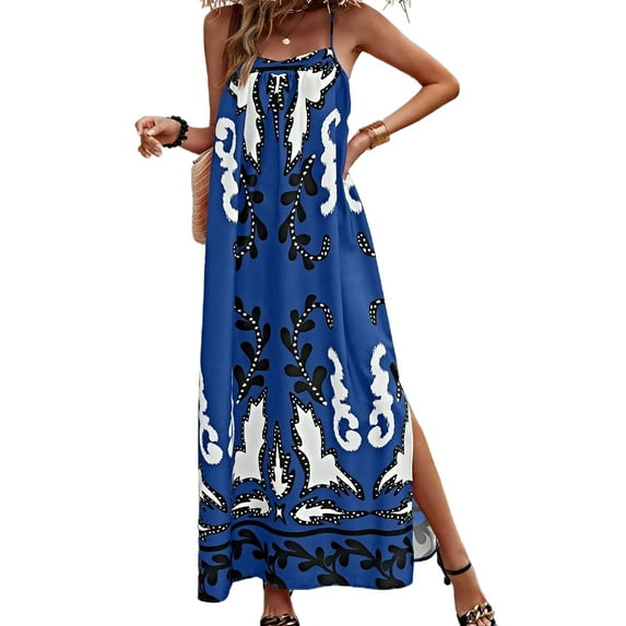 Michellecmm Women Summer Casual Long Dress Print Spaghetti Strap Sleeveless Cami Dress Loose Tie-Up Backless Holiday Dress