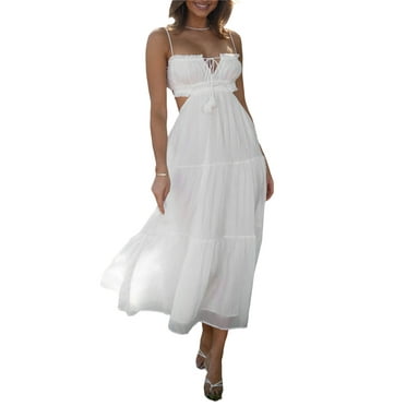 Michellecmm  Women Summer Casual Long Dress Solid Color Tie-Up Sling Dress