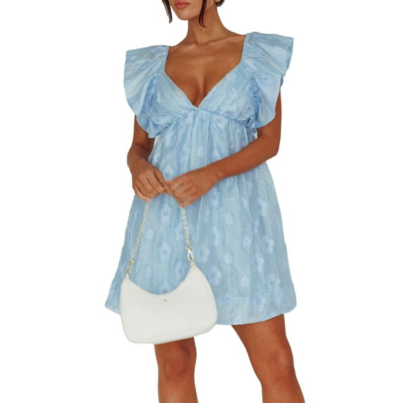 Michellecmm Women Summer Casual Mini Dress Flower Pattern Deep V-Neck Dress