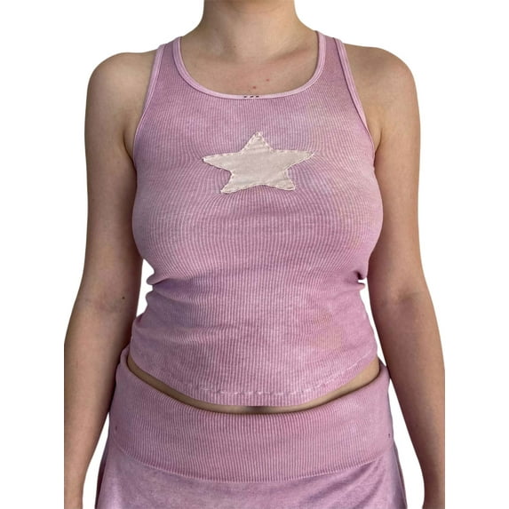 Michellecmm Women Summer Casual Tank Tops Star Embroidered Sleeveless Crop Tops