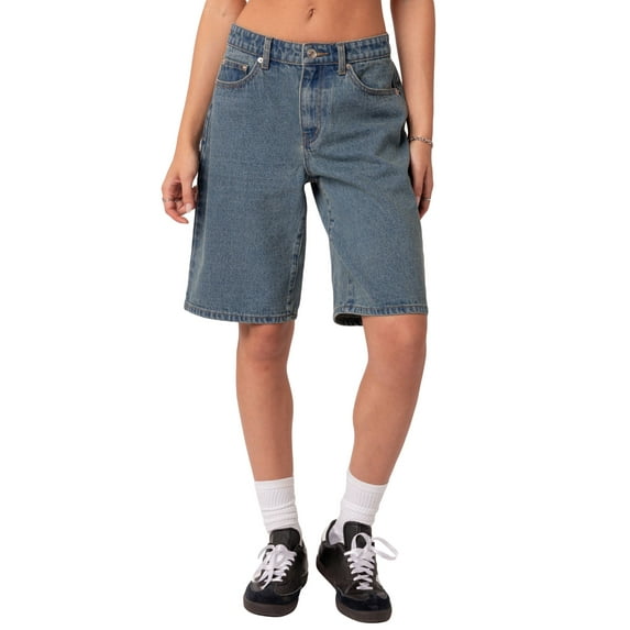 Michellecmm Women Summer Denim Shorts Classic Knee Length Low Waist Solid Casual Bermuda Jeans Shorts Streetwear for Daily