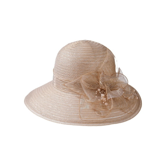 Michellecmm Women Summer Elegant Organza Hat 3D Floral Pearl Decor Wide Brim Church Cap for Tea Party Wedding