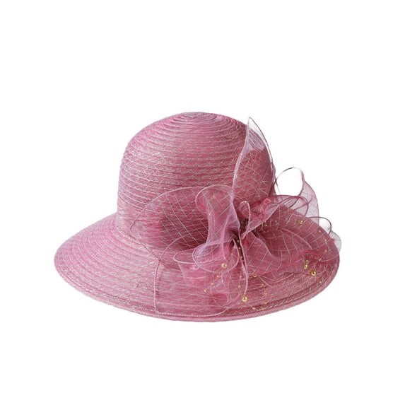 Michellecmm Women Summer Elegant Organza Hat 3D Floral Pearl Decor Wide Brim Church Cap for Tea Party Wedding