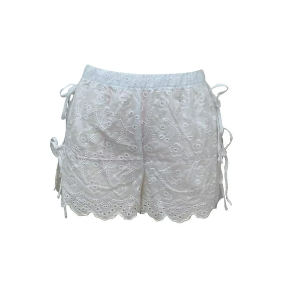 Michellecmm Women Summer Eyelet Lace Shorts Casual Side Tie up Cutout Elastic Short Pants for Vacation Beach Club Streetwear