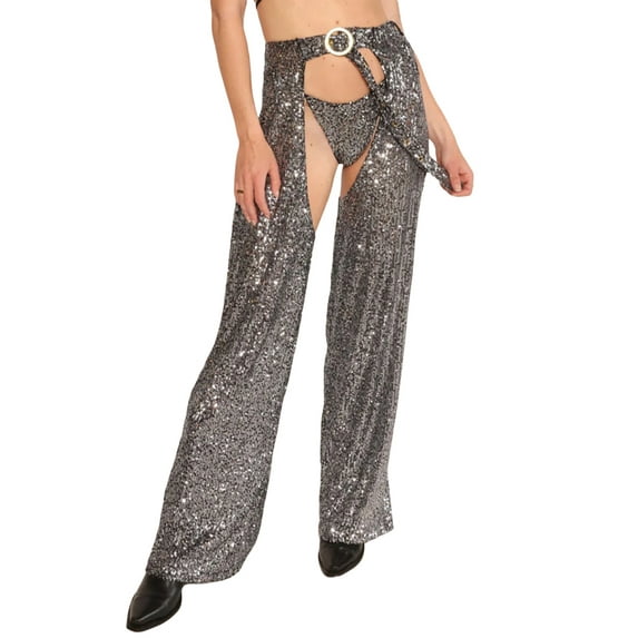 Michellecmm Women Summer Fashion Club Pants Open Crotch Wide Leg Sequin Pants