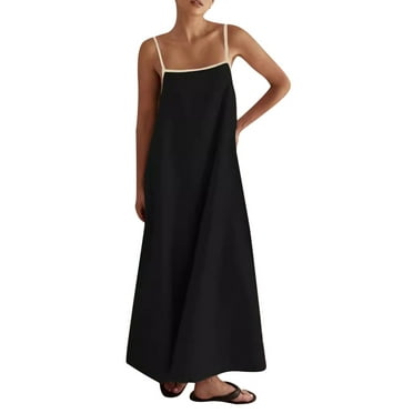 Michellecmm Women Summer Long Dress Spaghetti Strap Square Neck Side Pockets Sleeveless Backless Flowy Cami Dresses