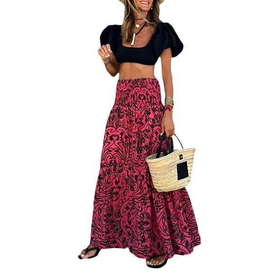 Michellecmm Women Summer Long Skirt Floral Print Elastic High Waist A-line Skirt