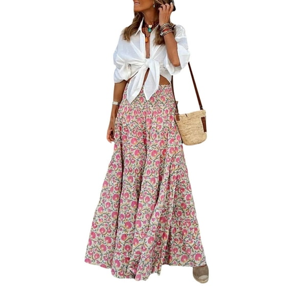 Michellecmm Women Summer Long Skirt Floral Print Elastic High Waist A-line Skirt