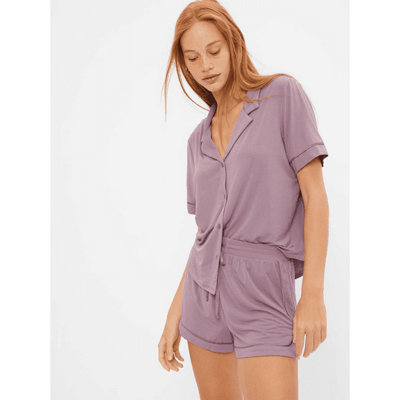 Michellecmm  Women Summer Pajama Set Solid Color Short Sleeves Shirt and Shorts