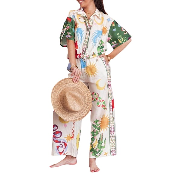 Michellecmm Women Summer Pants Outfits Bohemian Beauty Unique Print Short Sleeve Shirts Tops Elastic Waist Long Pants 2 Pieces Clothes Set