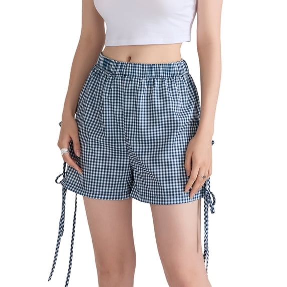 Michellecmm Women Summer Plaid Shorts Casual Bows Cutouts Elastic Short Pants