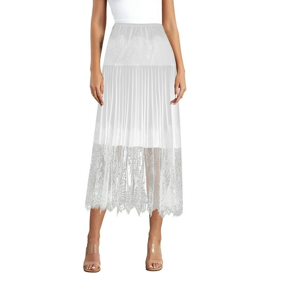 Michellecmm Women Summer Pleated Skirt Casual Floral Lace Elastic A-Line Midi Skirt