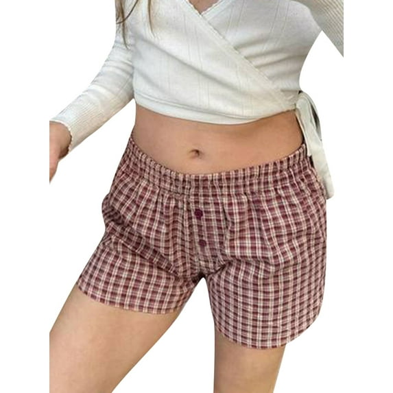 Michellecmm Women Summer Shorts Plaid Print Patchwork Elastic Waist Short Pants