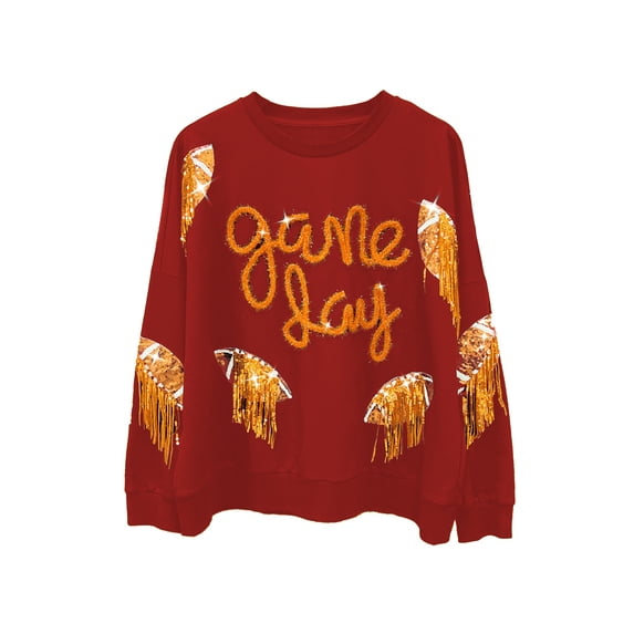 Michellecmm Women Sweatshirt Long Sleeve Sequins Rugby Embroidery Tassel Pullover
