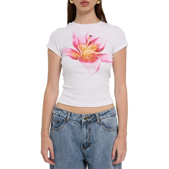 Michellecmm Women T-shirt Crew Neck Short Sleeve Flower Print Slim Fit Summer Tops