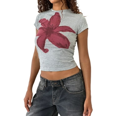 Michellecmm  Women T-shirt Crew Neck Short Sleeve Flower Print Slim Fit Summer Tops