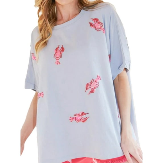 Michellecmm Women T-shirt, Crew Neck Short Sleeve Sequined Lobster Summer Tops