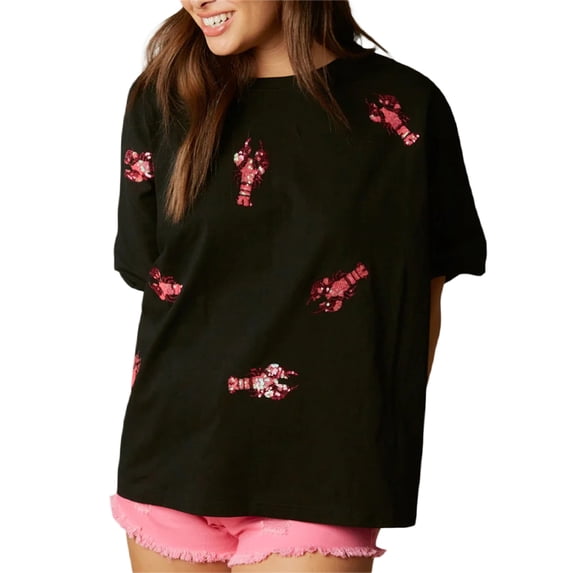 Michellecmm Women T-shirt, Crew Neck Short Sleeve Sequined Lobster Summer Tops