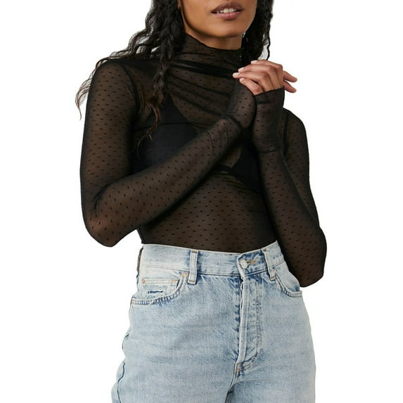 Michellecmm Women T-shirt, Long Sleeve Turtleneck Swiss Dots See-through Slim Fit Sheer Tops Clubwear