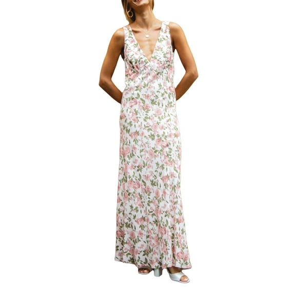 Michellecmm Women Tank Dress Sleeveless Open Back Deep V Neck Floral Print Dress