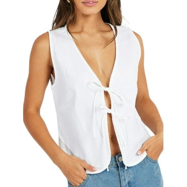 Michellecmm  Women Tank Tops Sleeveless V Neck Solid Color Bow Tie Front Vest