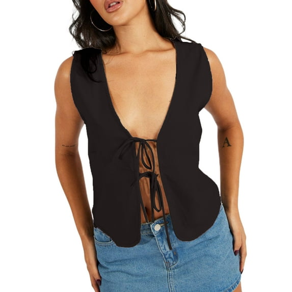 Michellecmm Women Tank Tops Sleeveless V Neck Solid Color Bow Tie Front Vest