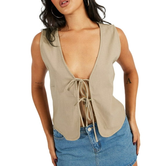 Michellecmm Women Tank Tops Sleeveless V Neck Solid Color Bow Tie Front Vest