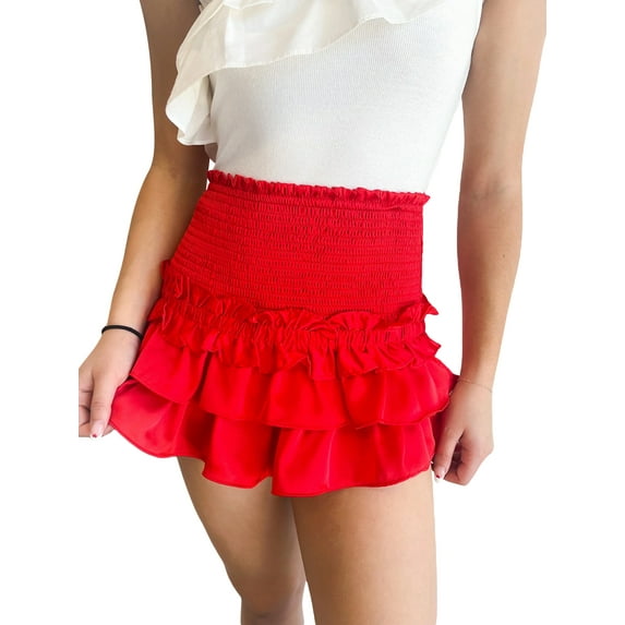 Michellecmm Women Tiered Ruffled Short Skirt Solid Color Smocked Waist Mini Skirt