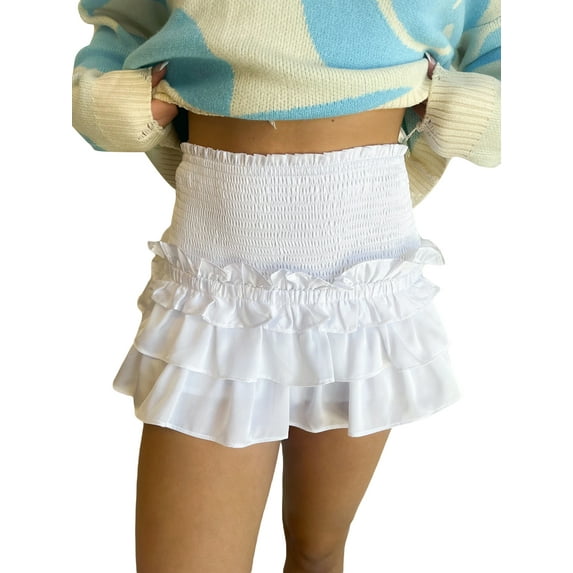 Michellecmm Women Tiered Ruffled Short Skirt Solid Color Smocked Waist Mini Skirt
