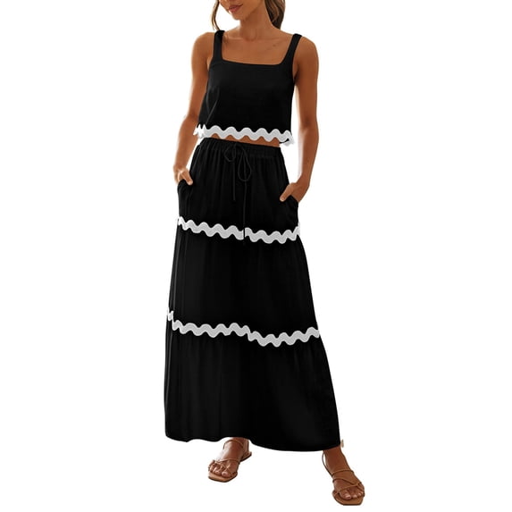 Michellecmm Women Two Piece Summer Outfits Wavy Trim Tank Tops and Long Skirt Set