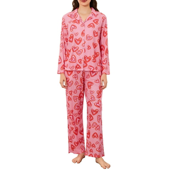 Michellecmm Women Valentine's Day Pajamas Lounge Set Heart Print Long Sleeve Tops and Pants 2 Piece Loungewear Outfits