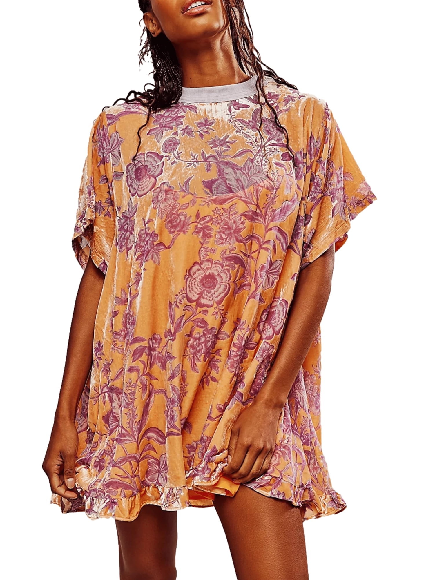 Michellecmm Women Velvet Dress, Short Sleeve Crew Neck Flower Mini ...
