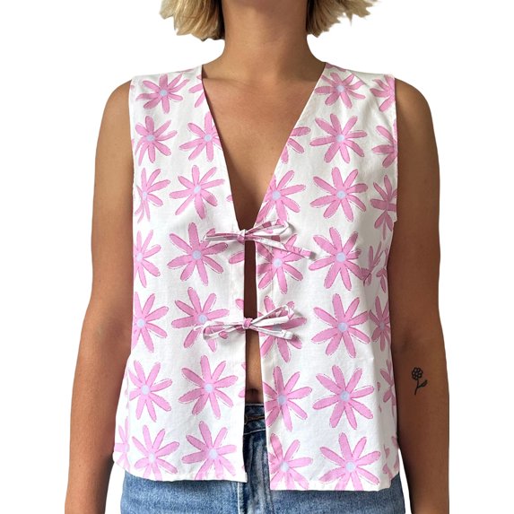Michellecmm Women Vest, Elegant Sleeveless Tie-up Flower/Plaid Summer Gilet