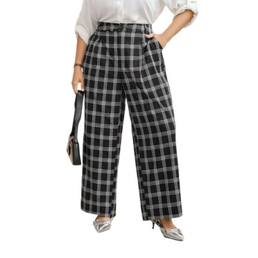 Michellecmm Women Wide Leg Pants Casual Plaid Print Plus Size Loose Trousers with Pockets for Work Office Streetwear