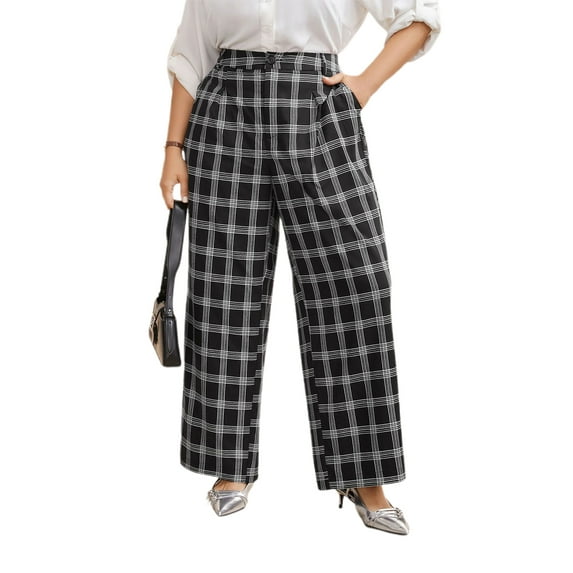 Michellecmm Women Wide Leg Pants Casual Plaid Print Plus Size Loose Trousers with Pockets for Work Office Streetwear