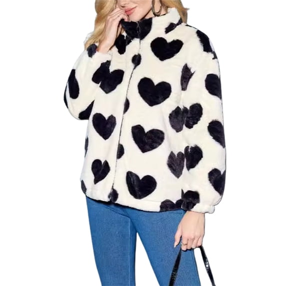 Michellecmm Women Zip Up Faux Fur Coat Heart Stand Collar Long Sleeve Winter Warm Thicken Jacket Outerwear