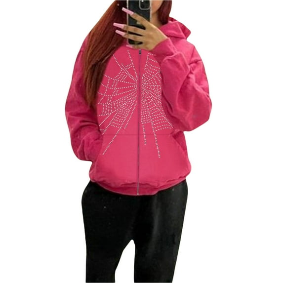 Michellecmm Women Zip up Jacket Rhinestone Spider Web Print Hoodies Sweatshirt