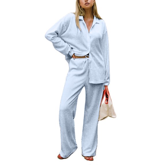 Michellecmm Women's 2 Piece Casual Outfits Long Sleeve Lapel Solid Color Tops Wide Leg Pants Sets Streetwear