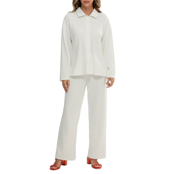 Michellecmm Women's 2 Piece Casual Outfits Long Sleeve Lapel Solid Color Tops Wide Leg Pants Sets Streetwear