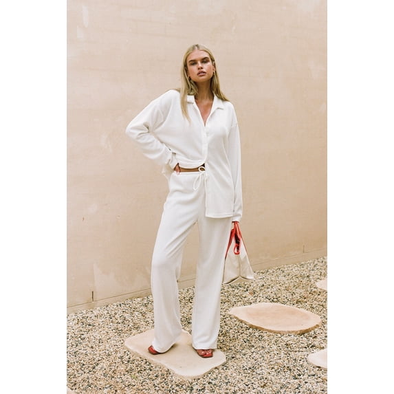 Michellecmm Women's 2 Piece Casual Outfits Long Sleeve Lapel Solid Color Tops Wide Leg Pants Sets Streetwear