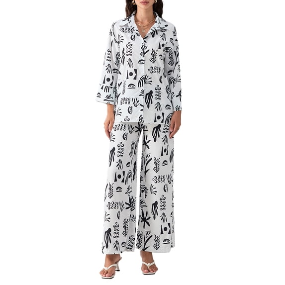 Michellecmm Women's 2 Piece Casual Set, Loose Graphic Print Long Sleeve Button Down Shirt Straight Leg Pants for Fall